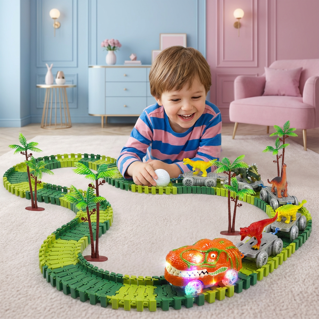 Dinosaurier Rennbahn für Kinder mit flexibler Strecke und leuchtendem Zug. Perfektes Dinoabenteuer Spielzeug.