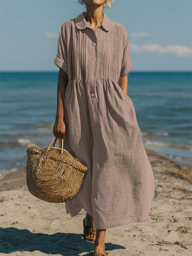 Damen Midi-Kleid im Hemdblusenstil mit Knopfleiste. Vielseitiges, bequemes Sommerkleid für den Tag.