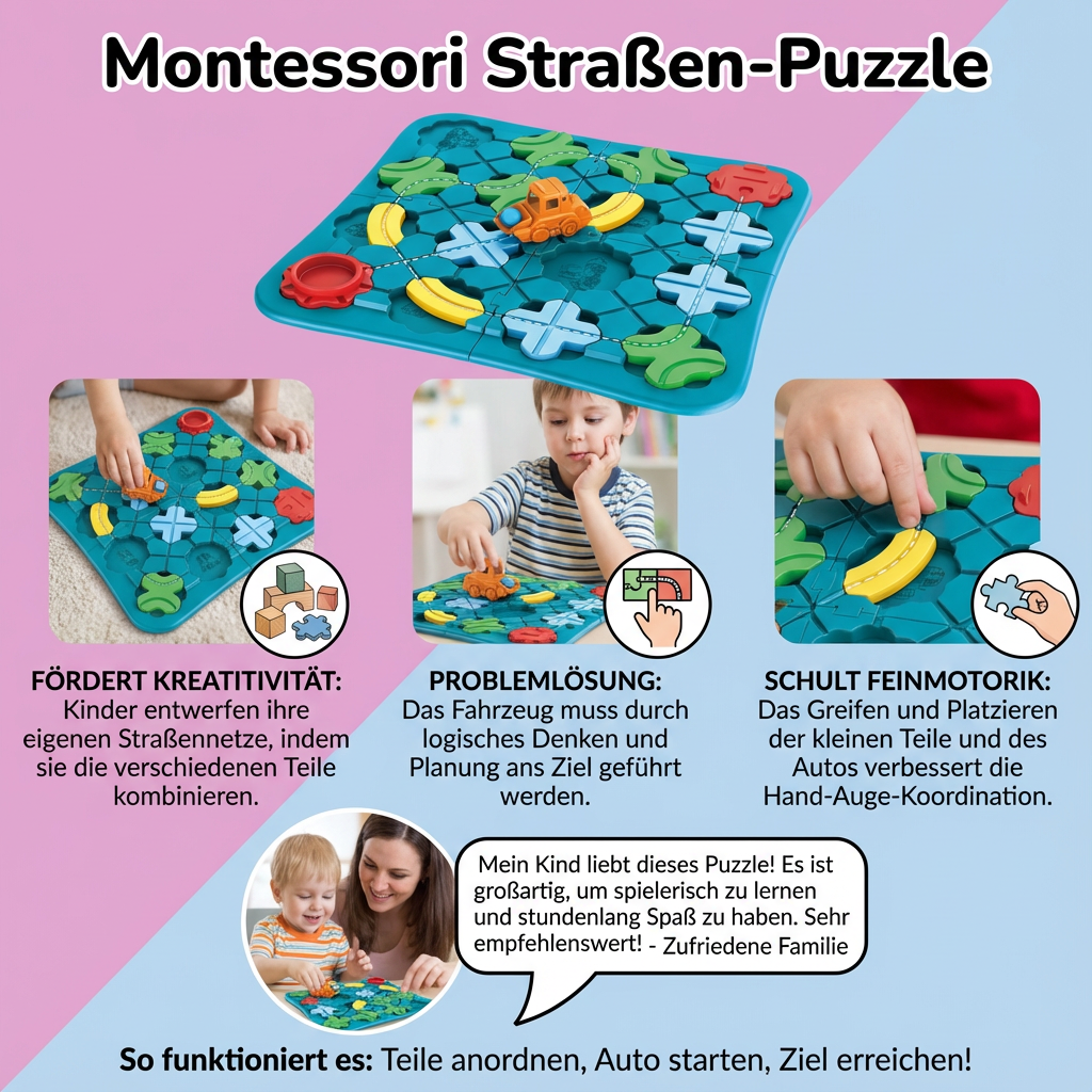 Nahaufnahme eines Kindes, das flexible Montessori Straßen-Puzzle-Teile arrangiert, fördert spielerisches Lernen.