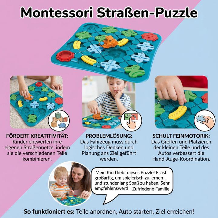 Nahaufnahme eines Kindes, das flexible Montessori Straßen-Puzzle-Teile arrangiert, fördert spielerisches Lernen.