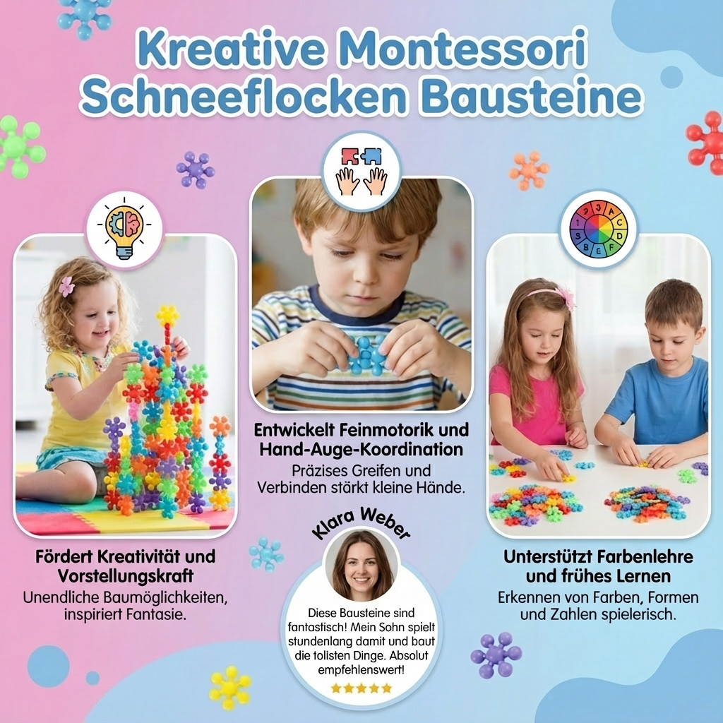 Schneeflocken Bausteine für Kinder. Fördern Feinmotorik, räumliches Denken & kreative Konstruktion.