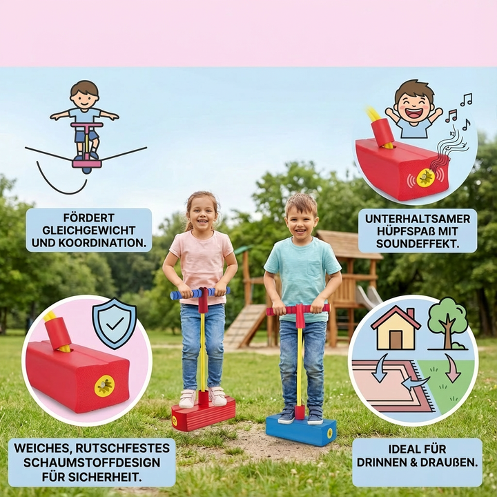 Kind genießt Aktivität mit Schaumstoff Pogo-Hüpfer im Freien, sicheres Outdoorspielzeug für Bewegung.