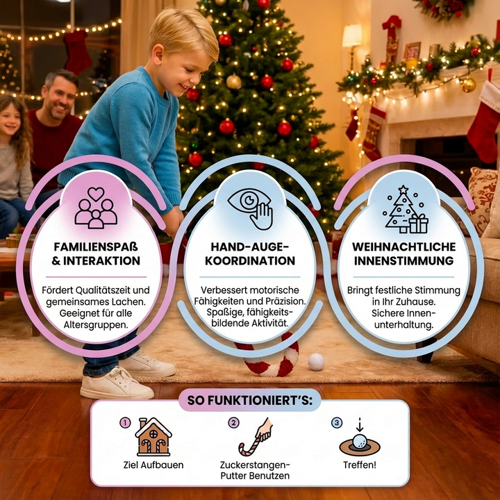 Festliches Lebkuchen Golfspiel: Süße Lebkuchen-Formen als Hindernisse für weihnachtliches Indoor-Minigolf.