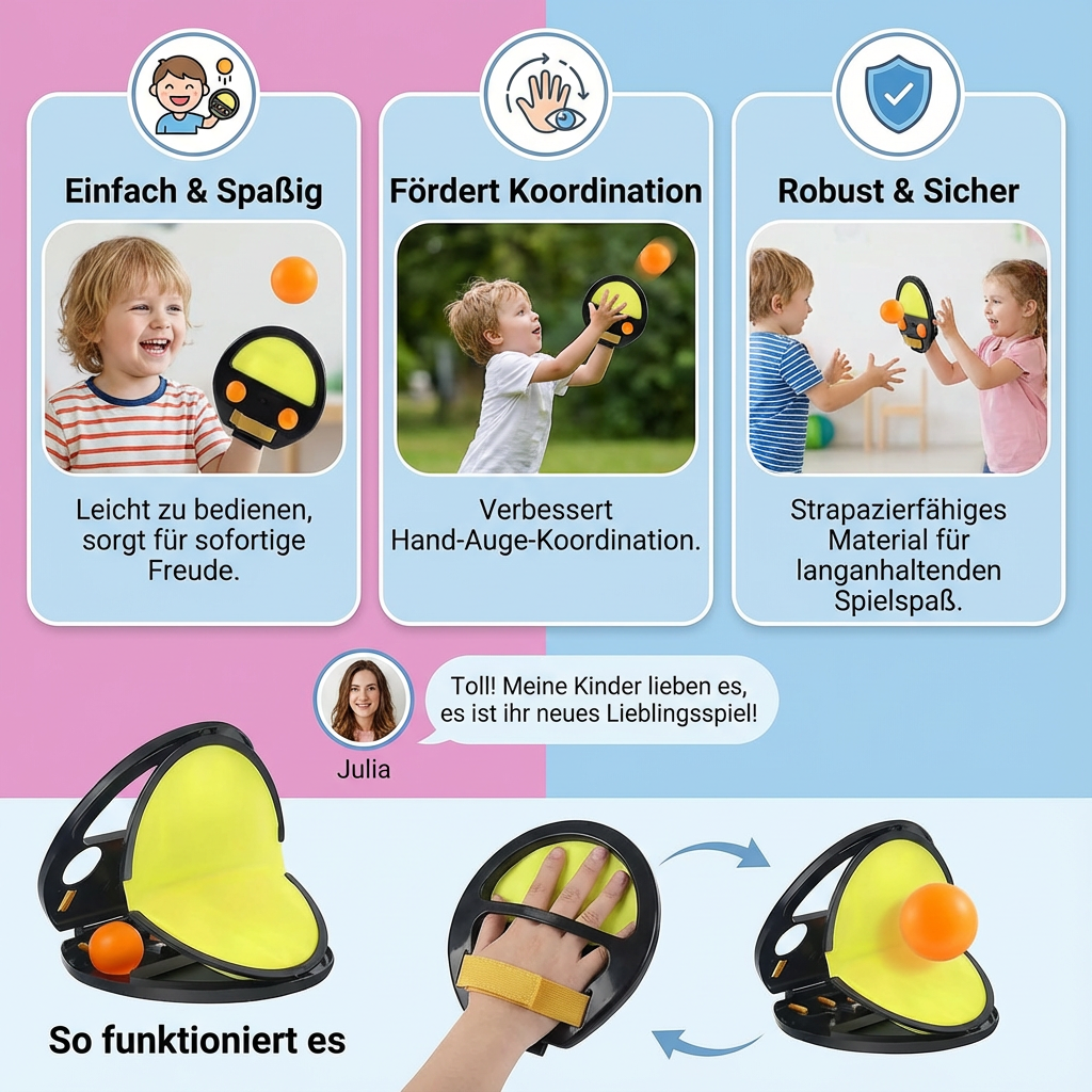 Geschicklichkeitsspiel für Kinder: Aktives Fang Ball Set, fördert Konzentration & Koordination.