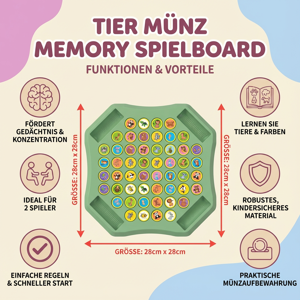 Interaktives Memory Familienspiel für Kinder. Gedächtnistraining mit farbigen Tiermünzen aus nachhaltigem Holz.