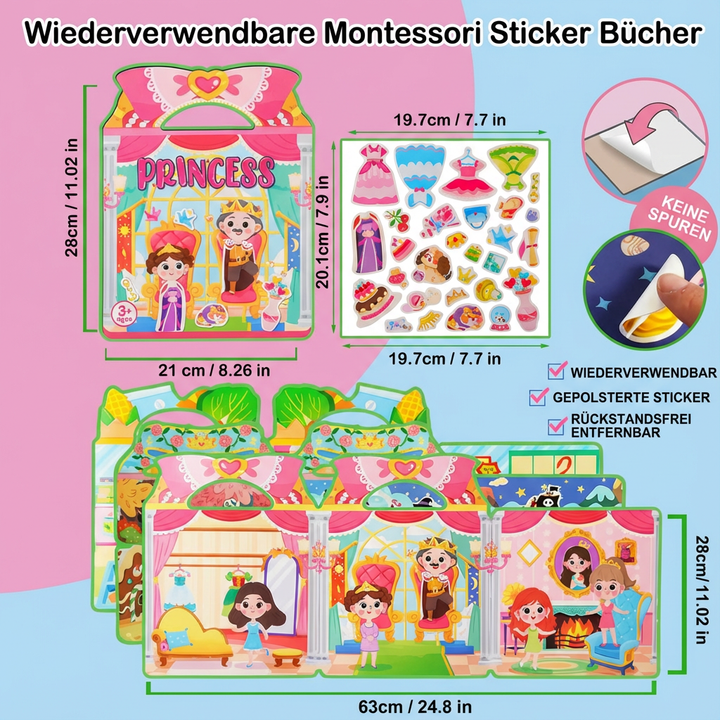 Verschiedene wiederverwendbare Sticker & Seiten eines Montessori Stickerbuchs, ideal für Vorschule.