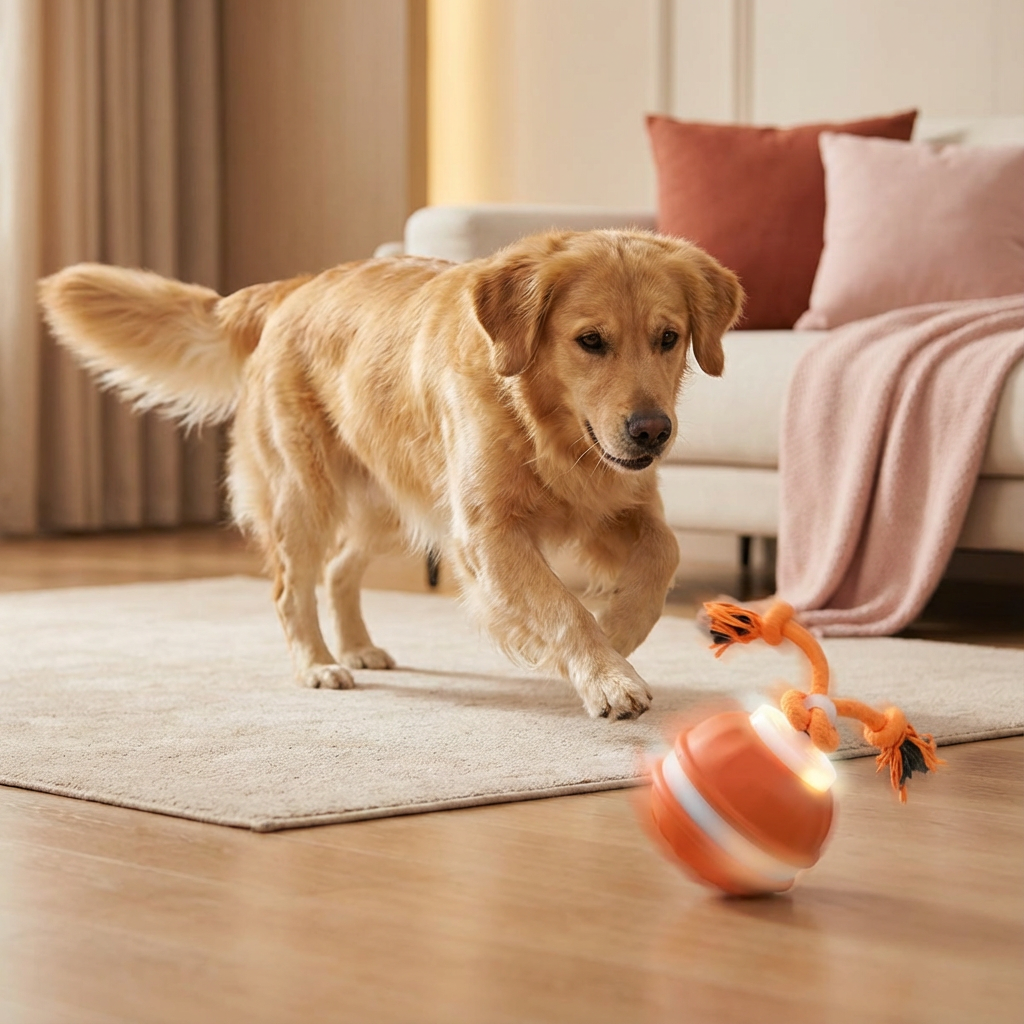 Interaktiver Hundeball mit Bewegungssensor & Zugseil für Spiel & mentale Auslastung.