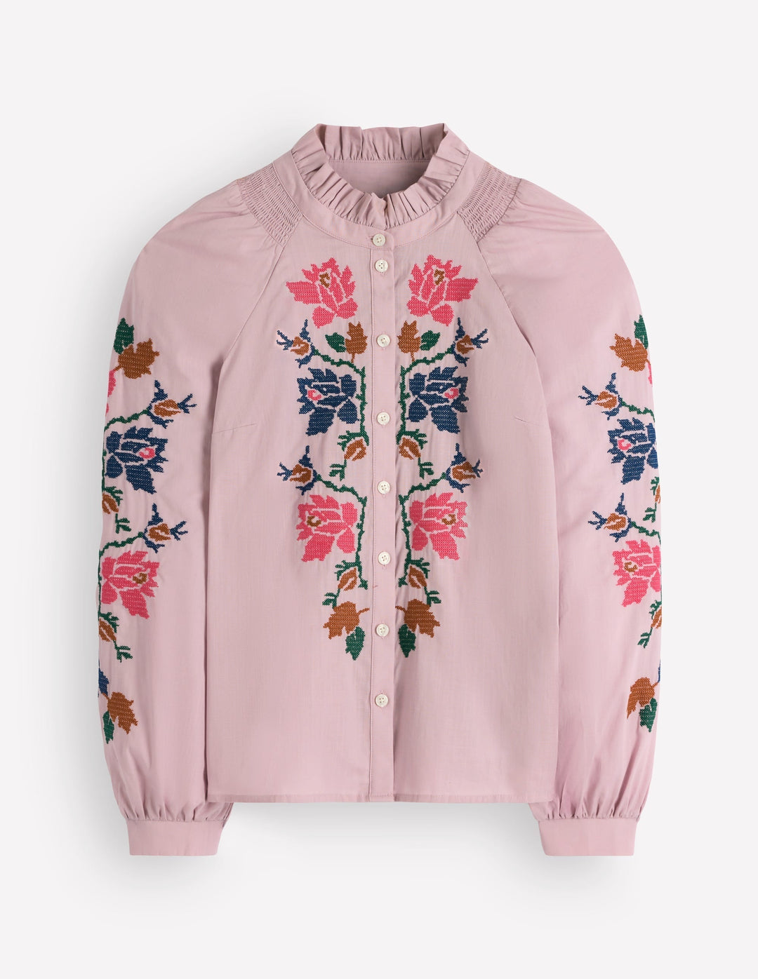 Damen Rüschen Top mit zarter Blumenstickerei und eleganten Blousonärmeln; stilvolle feminine Mode für Sommer und Freizeit.