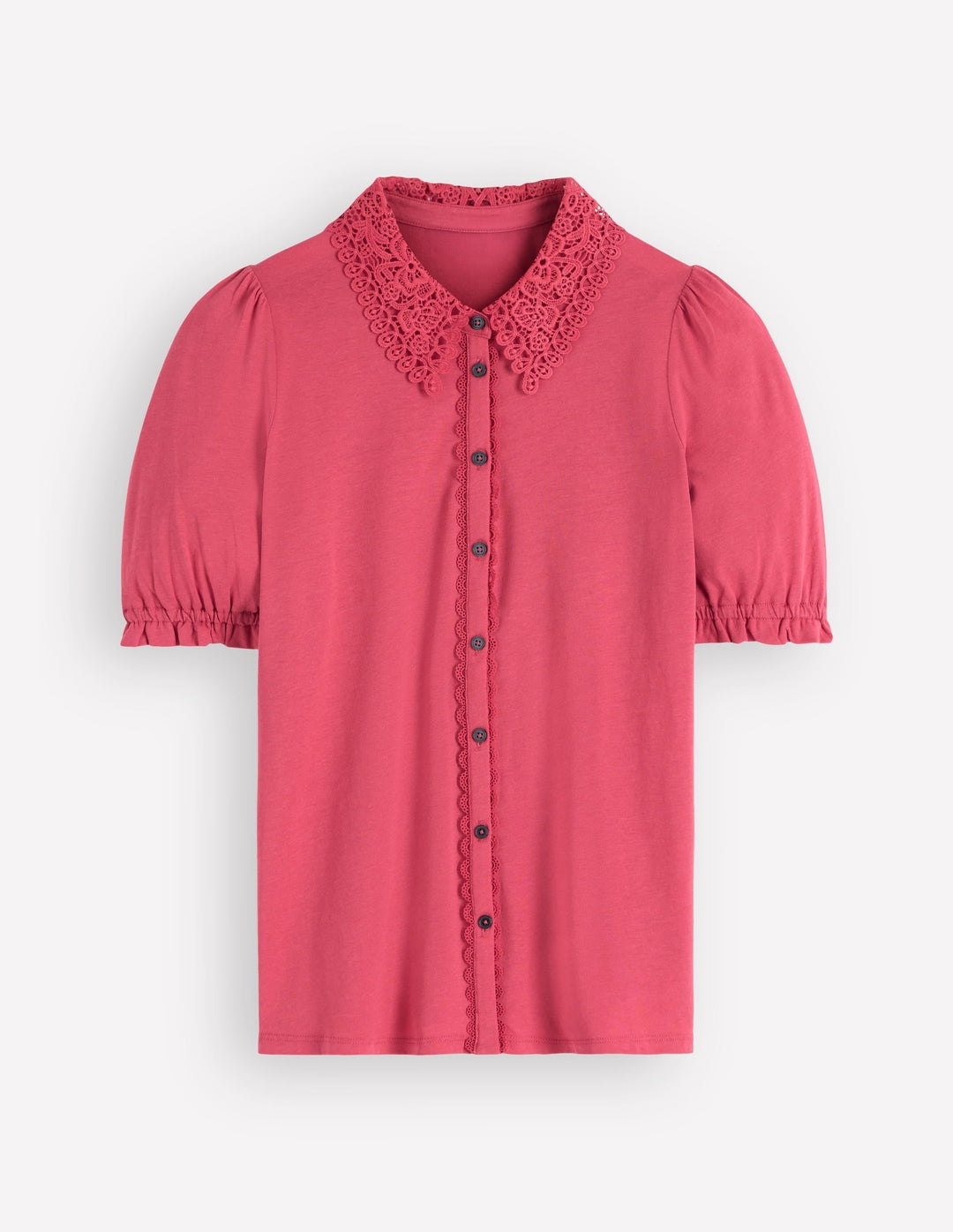 Weiße elegante Damen Sommerbluse mit Broderie-Kragen und Puffärmeln, ideal für luftigen Tragekomfort.