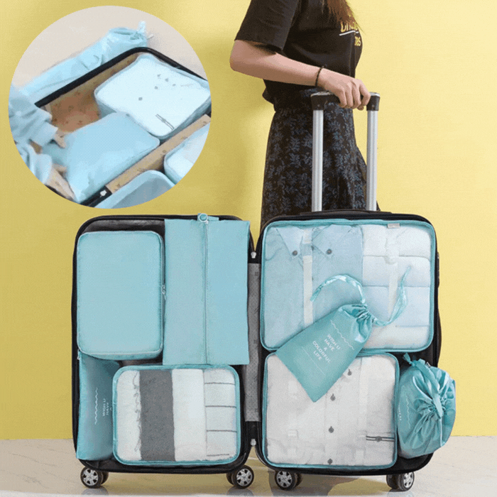 Vielseitiges Reiseorganizer-Set (8-teilig) mit Packwürfeln, Kosmetik- und Schuhtasche für Urlaubsreisen.