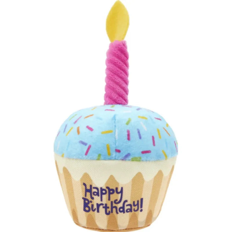 Lustiger Plüschkuchen Hundespielzeug mit Quietscher und bunter Kerze. Teil des Geburtstag-Sets.