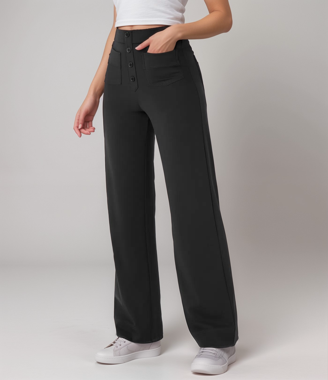 Damen High Waist Hose mit weitem Bein, elastisch & formend für Alltag & Eleganz.