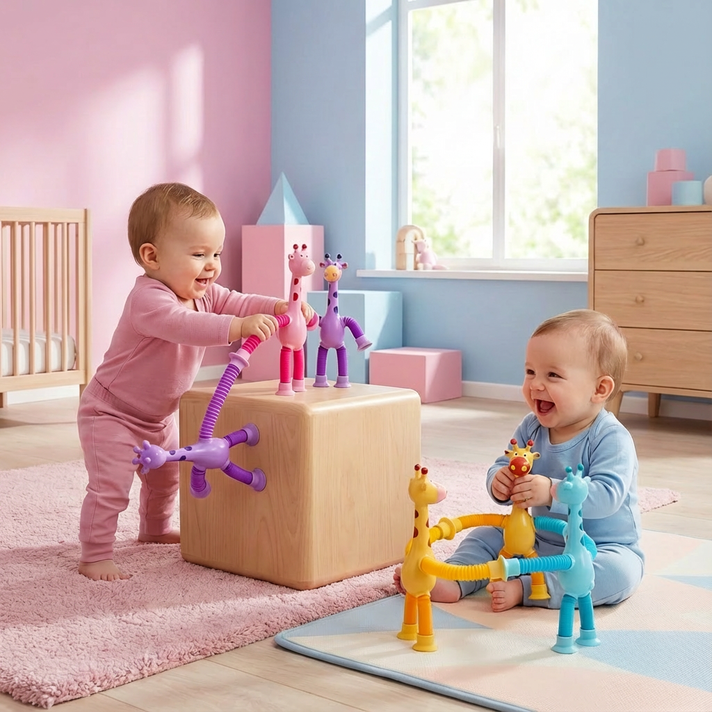 Buntes sensorisches Giraffen Babyspielzeug mit Saugnapf zur Motorikförderung für Kleinkinder.