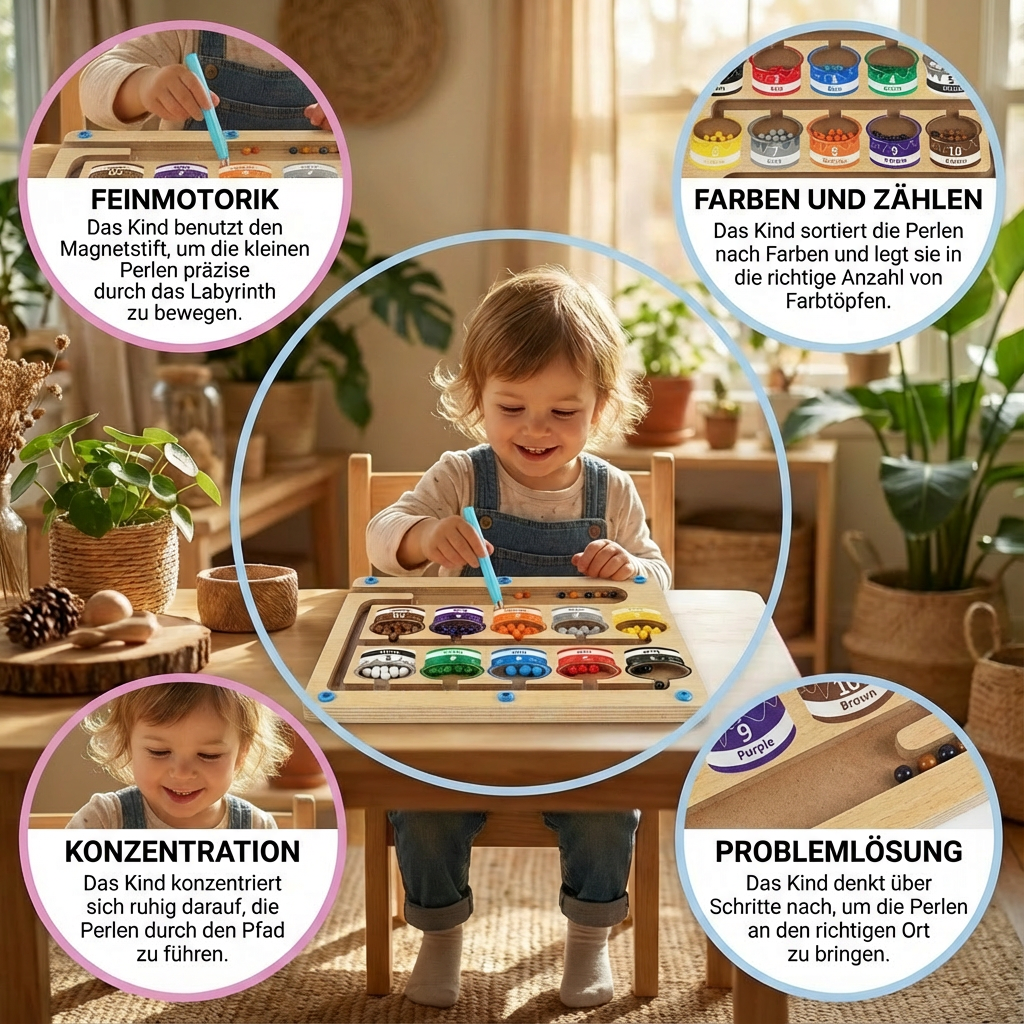Montessori Magnetlabyrinth Holzspielzeug, fördert Feinmotorik, Hand-Augen-Koordination & Konzentration bei Kindern.