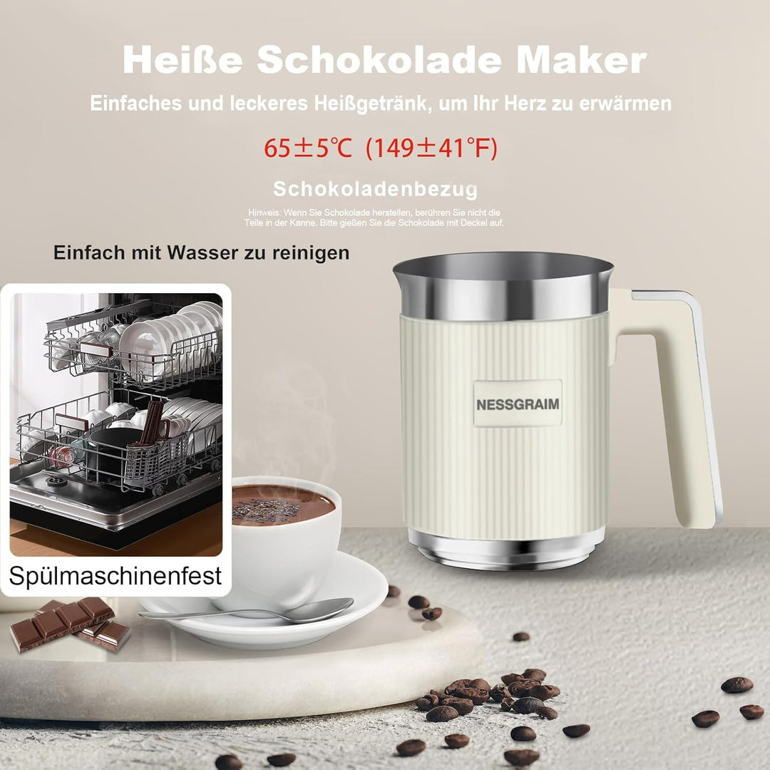 Perfekter, cremiger Milchschaum & warmer Kakao, zubereitet mit dem elektrischen 5-in-1 Milchaufschäumer.