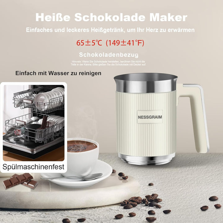 Perfekter, cremiger Milchschaum & warmer Kakao, zubereitet mit dem elektrischen 5-in-1 Milchaufschäumer.