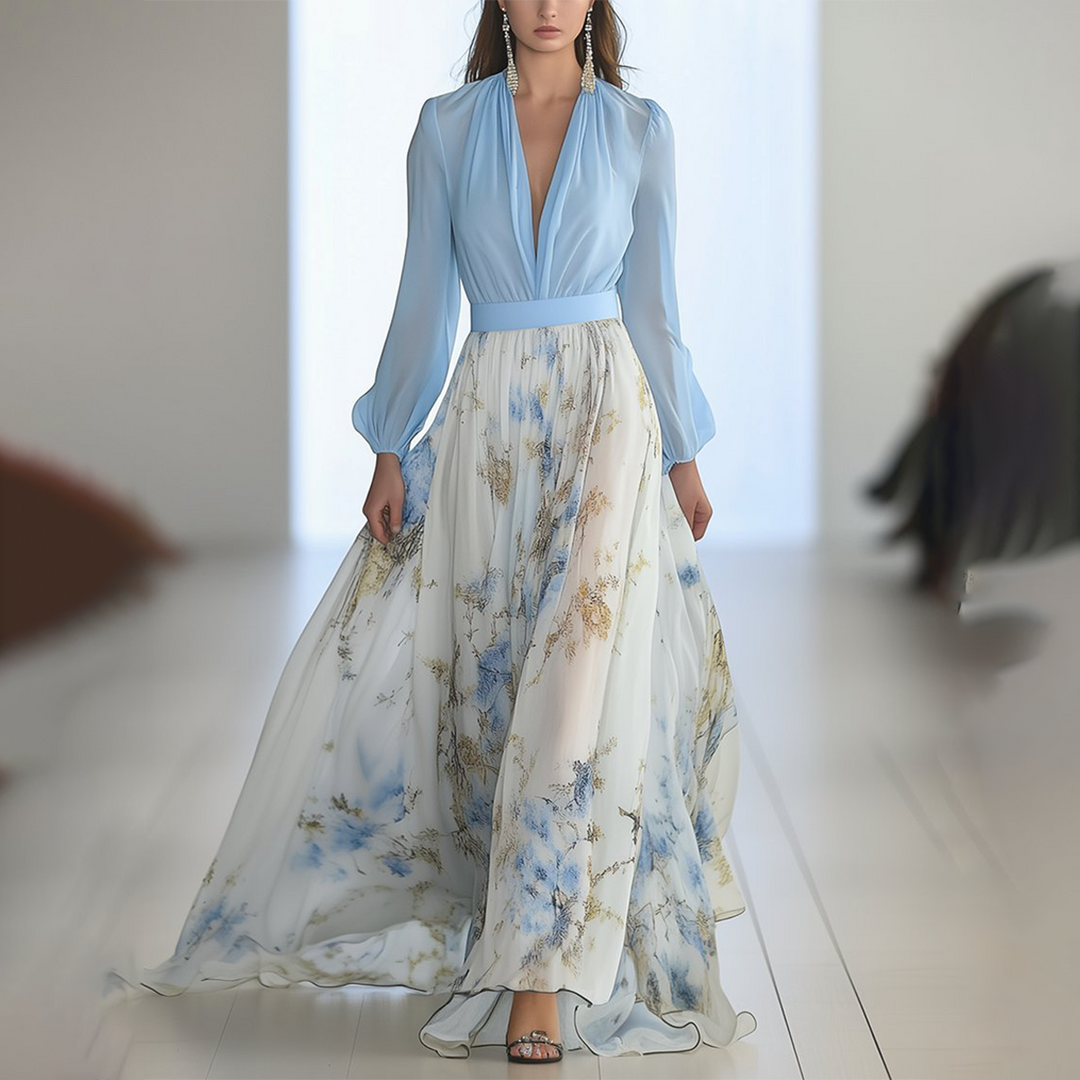 Elegantes Damen Maxikleid mit Blumenmuster und V-Ausschnitt, fließender A-Linie, perfekt als Sommer- oder Abendkleid.