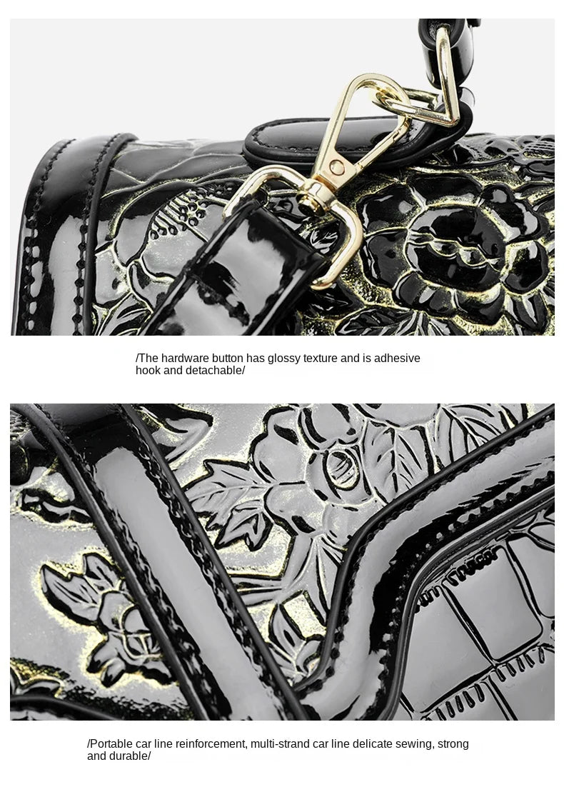 Seitliche Ansicht der stilvollen Damen Schultertasche, elegant, geräumig und mit Blumenmuster.