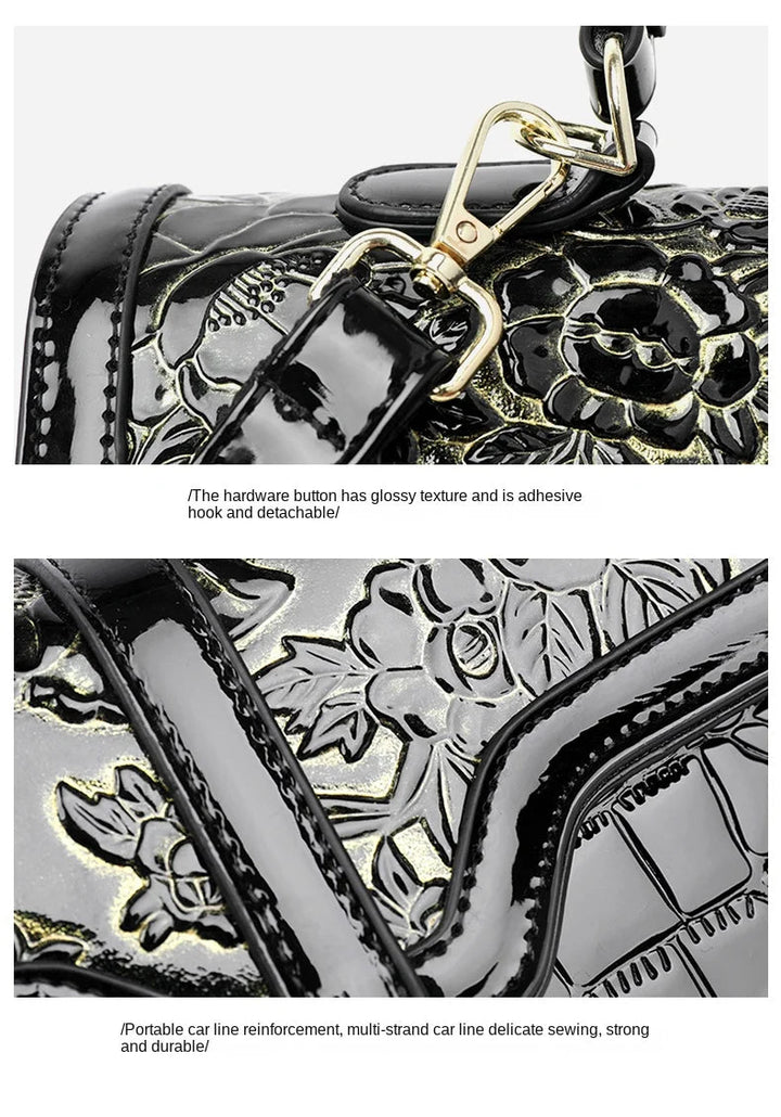 Seitliche Ansicht der stilvollen Damen Schultertasche, elegant, geräumig und mit Blumenmuster.