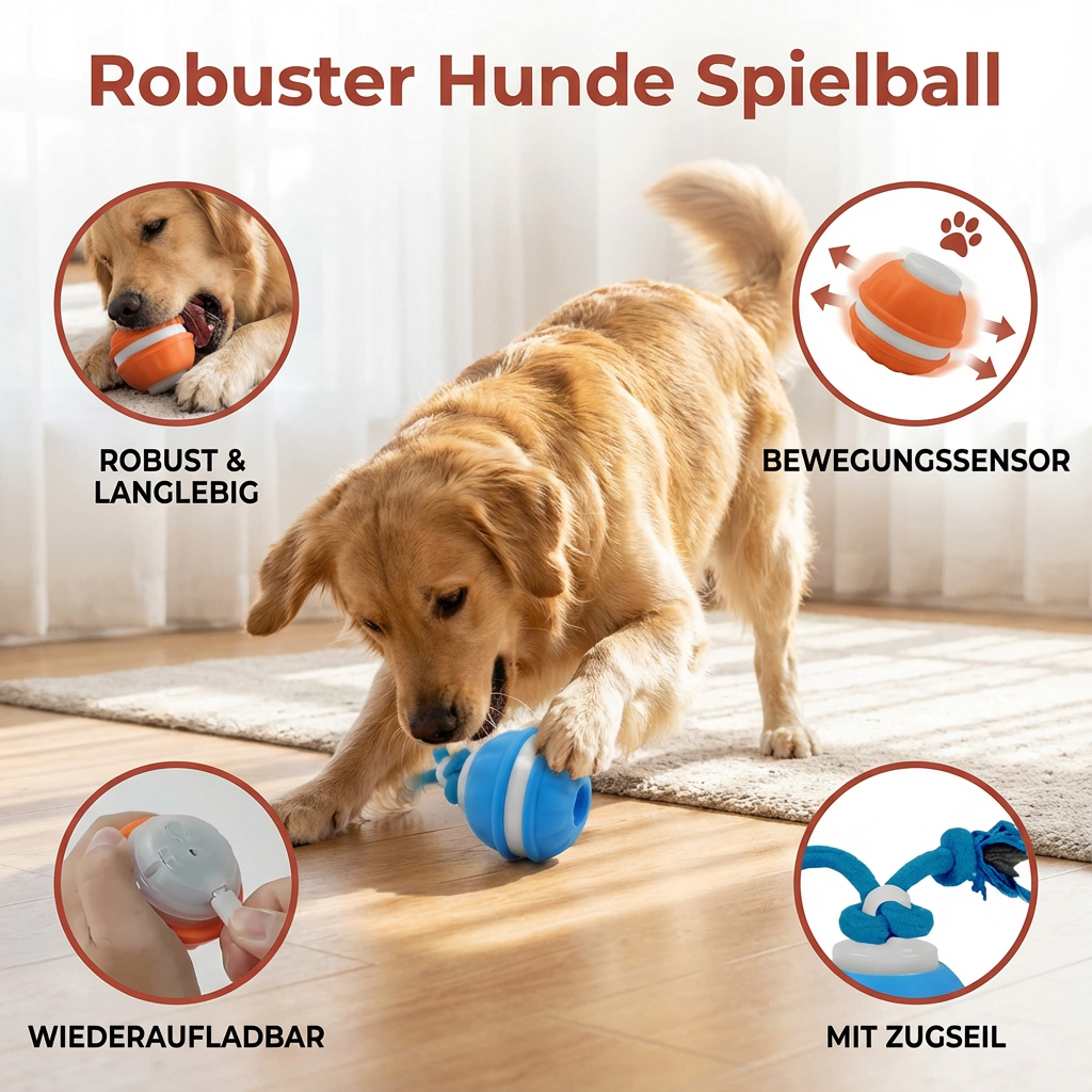 Robuster interaktiver Spielball für Hunde, mit Bewegungssensor und Zugseil, Hundezubehör.
