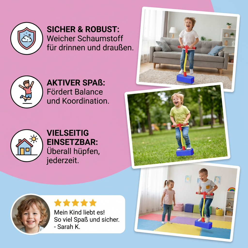 Detailaufnahme des weichen Schaumstoff-Bodens vom Kinder Pogo-Hüpfer, schützt Böden & sorgt für Sicherheit.