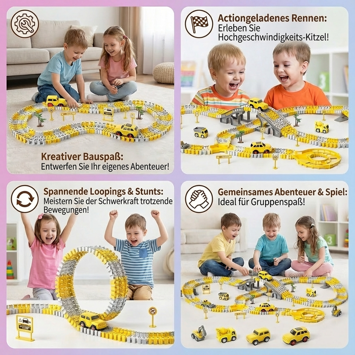 Schnelle Spurautos auf der kurvigen Kinder Abenteuer Rennstrecke in voller Fahrt. Spannendes Spielzeug.