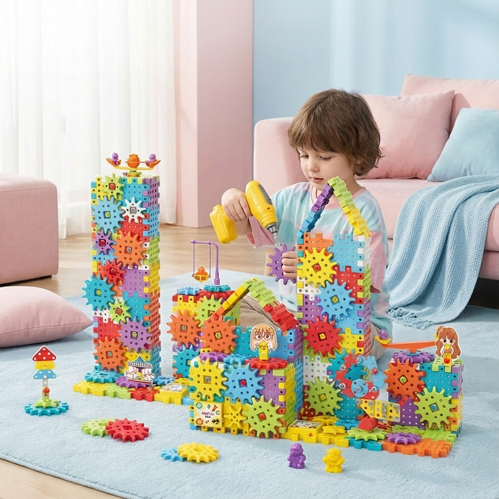 Buntes Montessori Zahnrad Set für Kinder, 3D Bausteine Puzzle. Lernspielzeug zur Förderung der Kreativität.