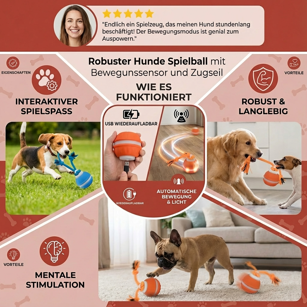 Strapazierfähiger interaktiver Hundeball mit Bewegungssensor, Zugseil, für langanhaltenden Spielspaß.