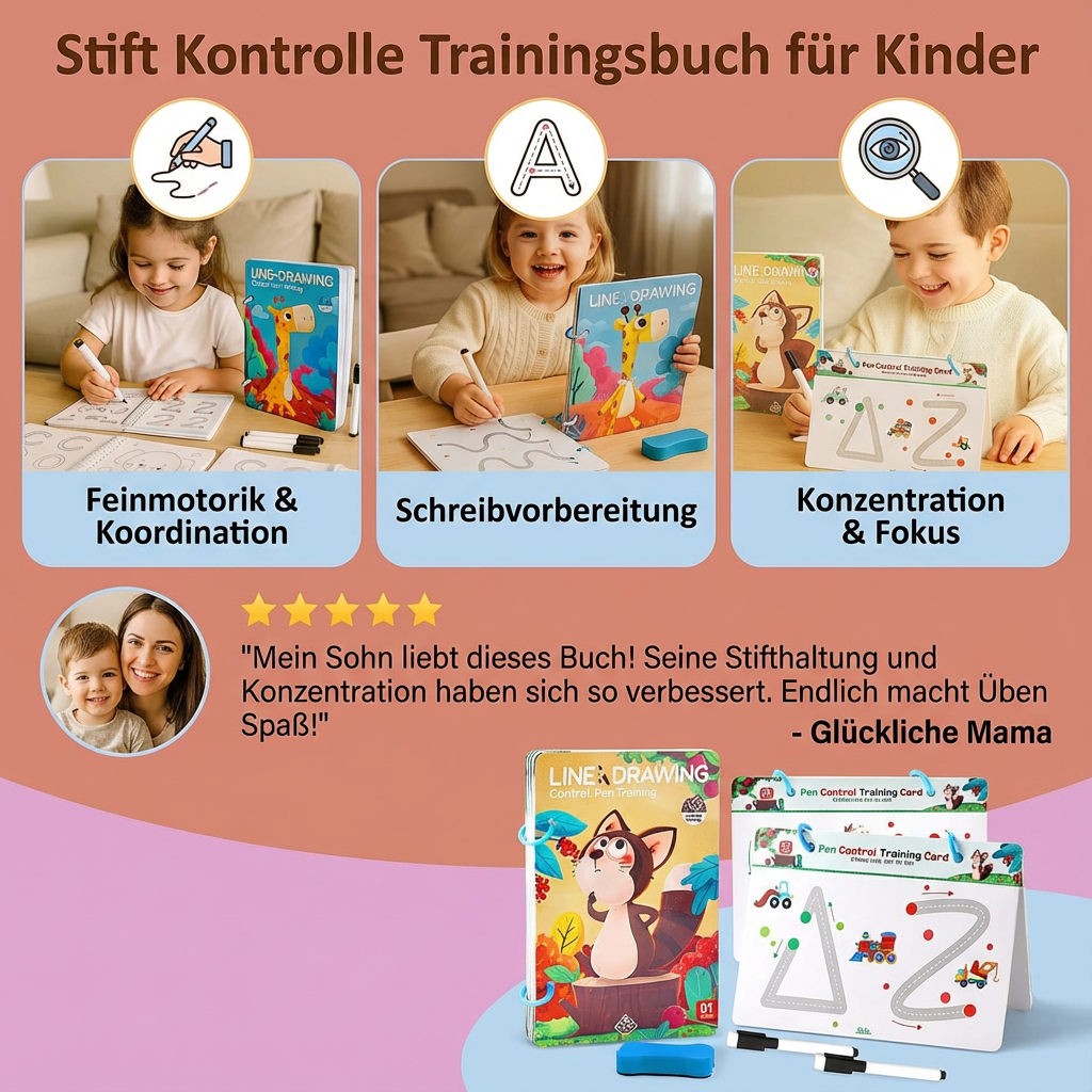 Kind beim spielerischen Lernen mit dem Schreiblernbuch, entwickelt Stiftkontrolle und Motorik.