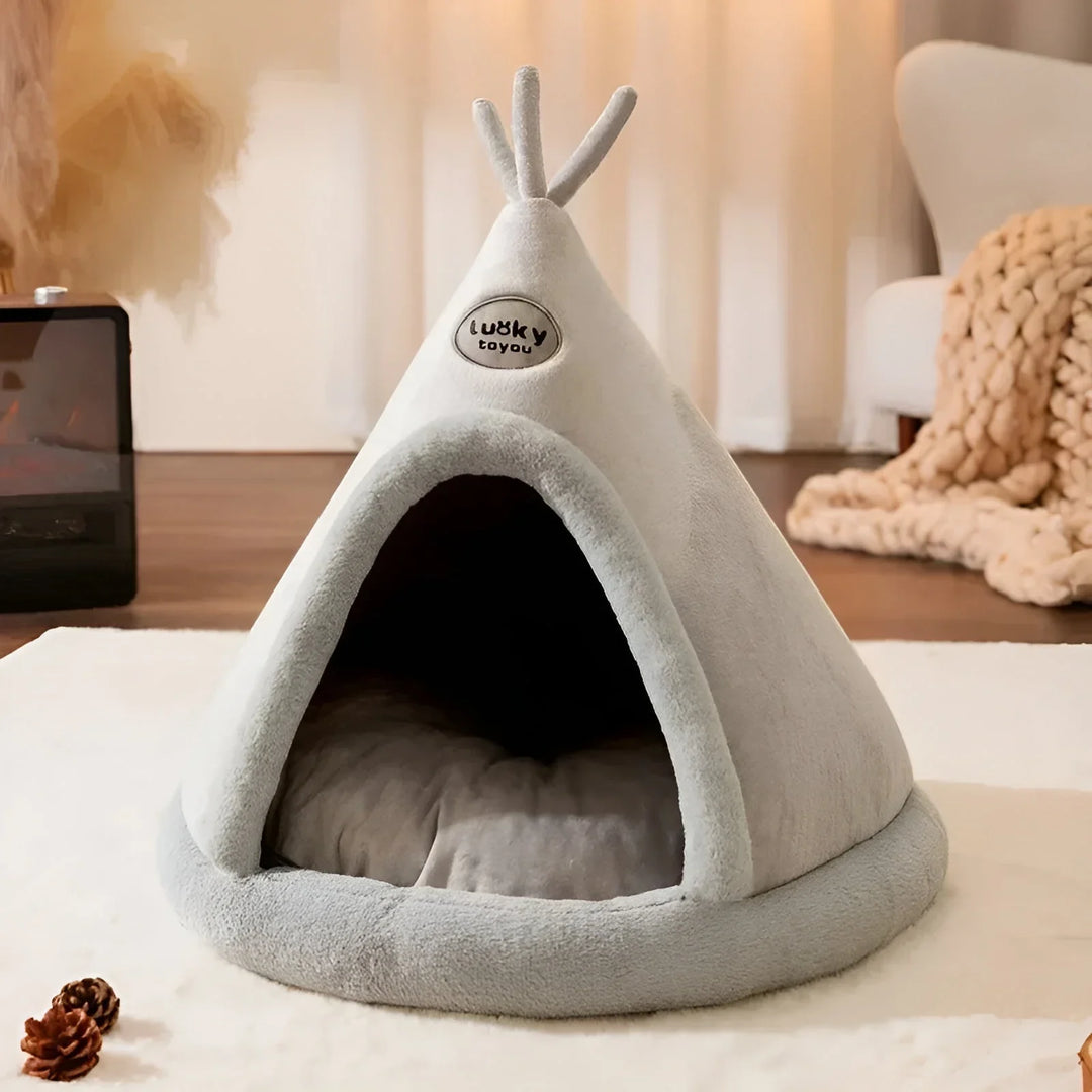 Gemütliche Kuschelhöhle für Katzen und kleine Hunde, stilvoller Rückzugsort in Grau.