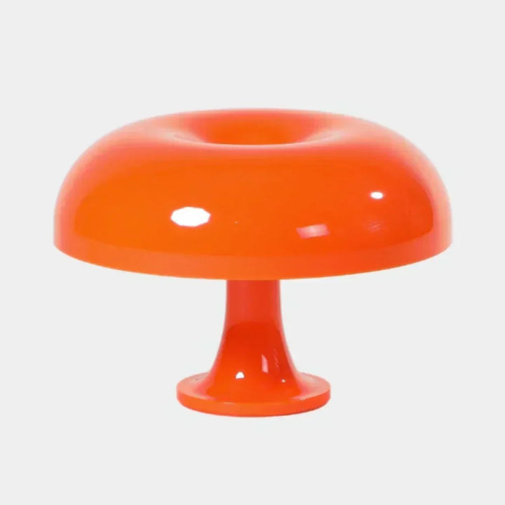 Elegante Pilz-Tischlampe in Orange, LED, kabellos und dimmbar, perfekt für moderne Wohnzimmer-Beleuchtung.