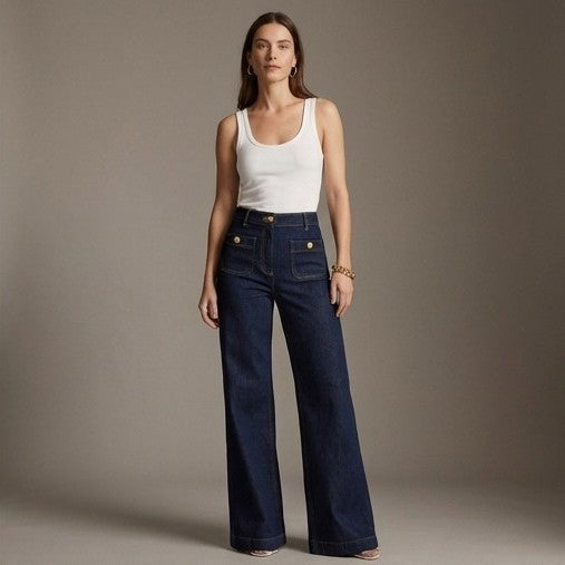 Elegante Damen High-Waist Jeans mit weitem Bein. Figurformend & beinverlängernd für einen modischen Auftritt.
