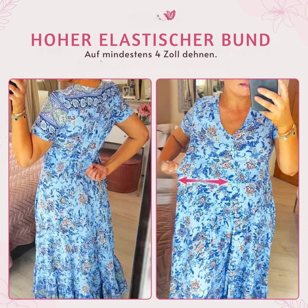 Langes Damen Sommerkleid, V-Ausschnitt, in frischen Farben; perfekt für Urlaub und Freizeit.