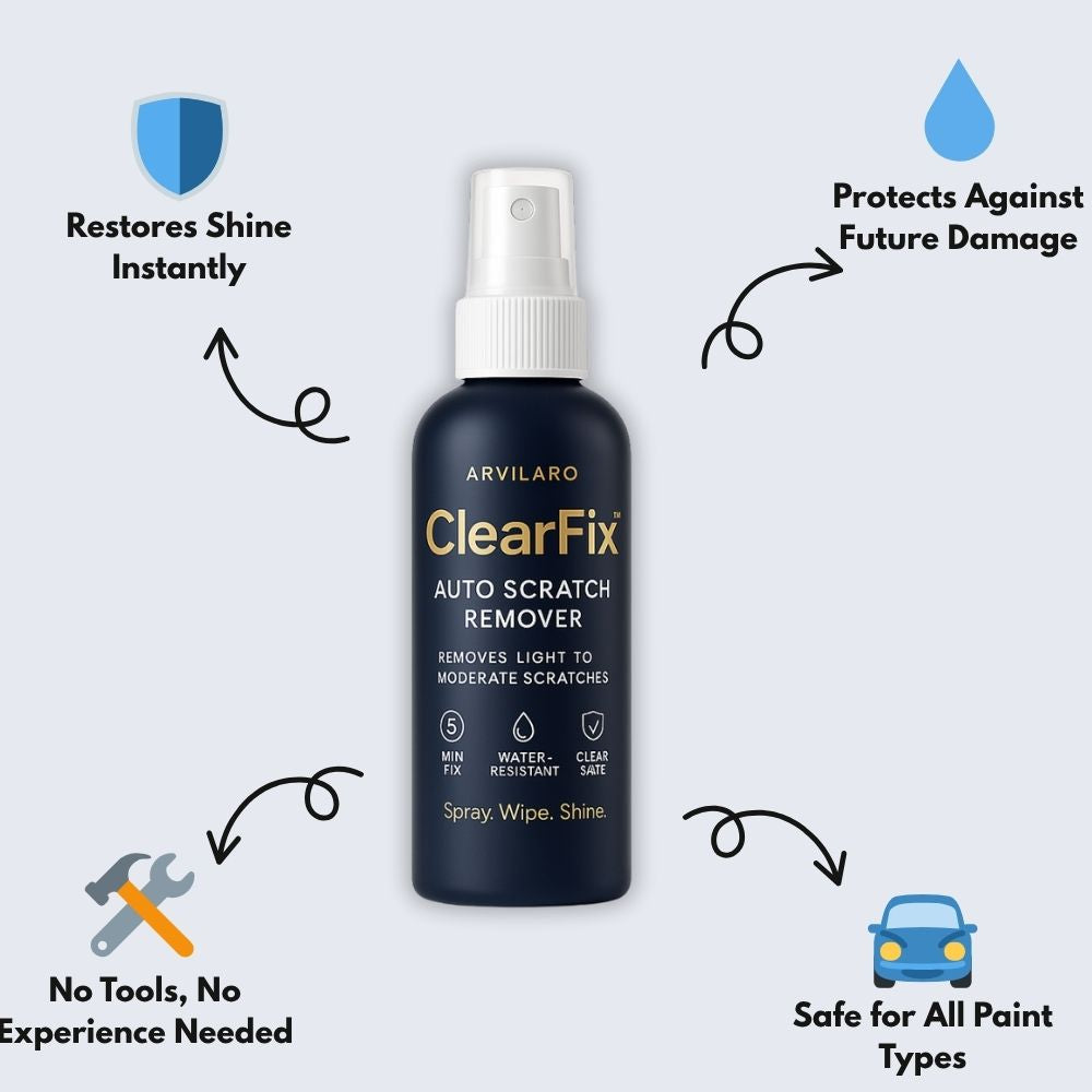 Anwendung des ClearFix Autokratzer-Entferner-Sprays auf Autolack. Schnelle Oberflächenkratzer-Reparatur & Autopflege.