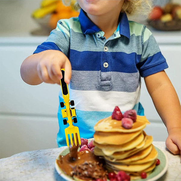 Pädagogisches Kinderbesteck-Set mit Bulldozer-Motiv, macht das Essen spannend & lehrreich für Kleinkinder.