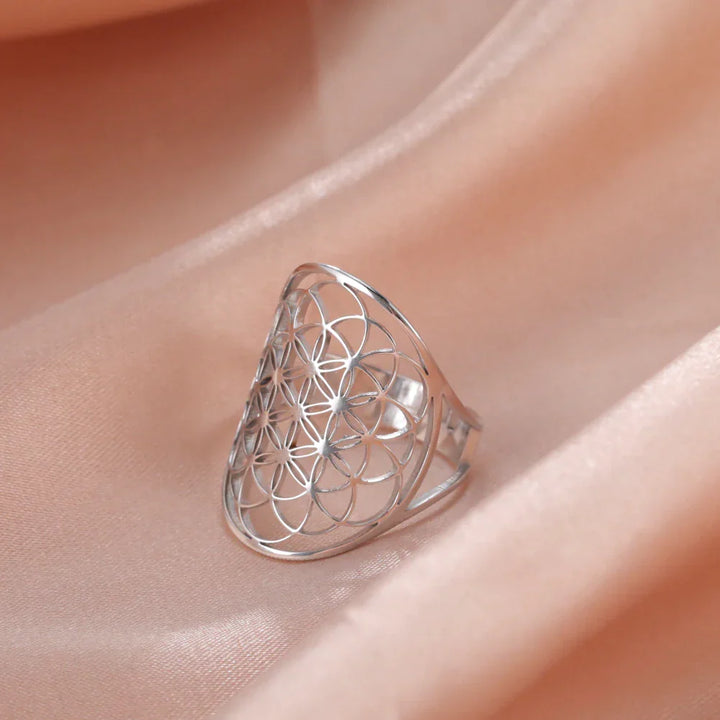 Eleganter Unisex-Blume des Lebens Ring, verstellbar, in Gold- oder Silberoptik; esoterischer Edelstahlschmuck als Geschenkidee.