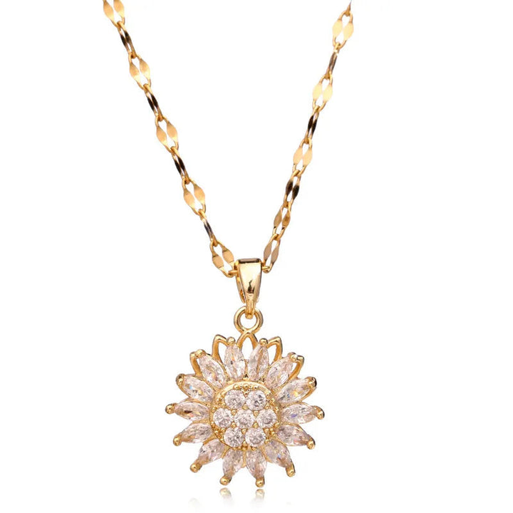 Nahaufnahme der glänzenden, drehbaren Sonnenblumen Halskette für Damen, mit filigraner Doppelkette.
