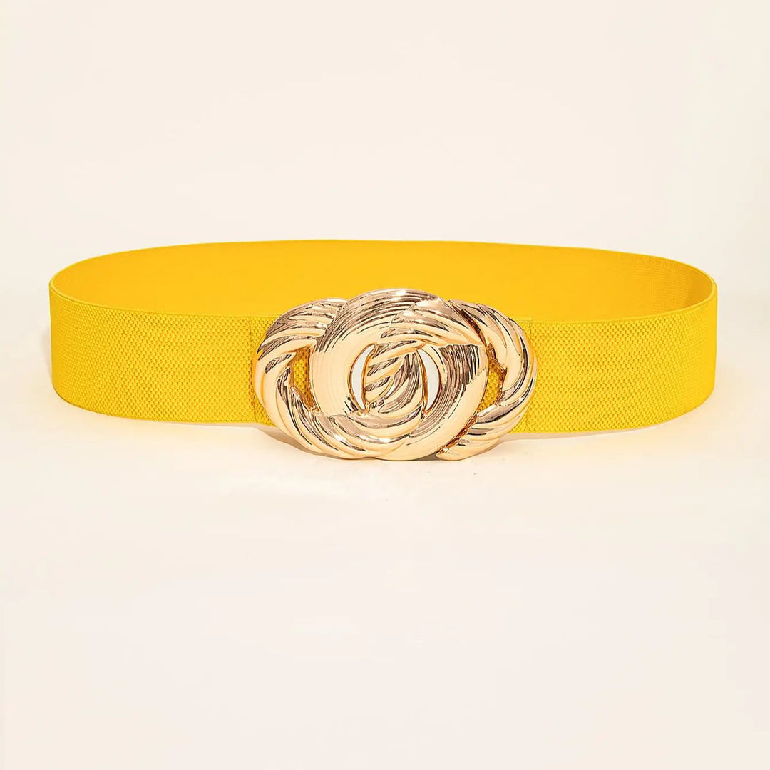 Moderner gelber Retro Taillengürtel für Damen, elastisch mit Vintage-Metallschnalle, ein stylisches Accessoire.