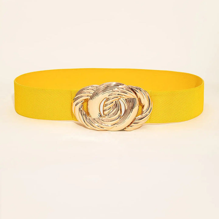 Moderner gelber Retro Taillengürtel für Damen, elastisch mit Vintage-Metallschnalle, ein stylisches Accessoire.