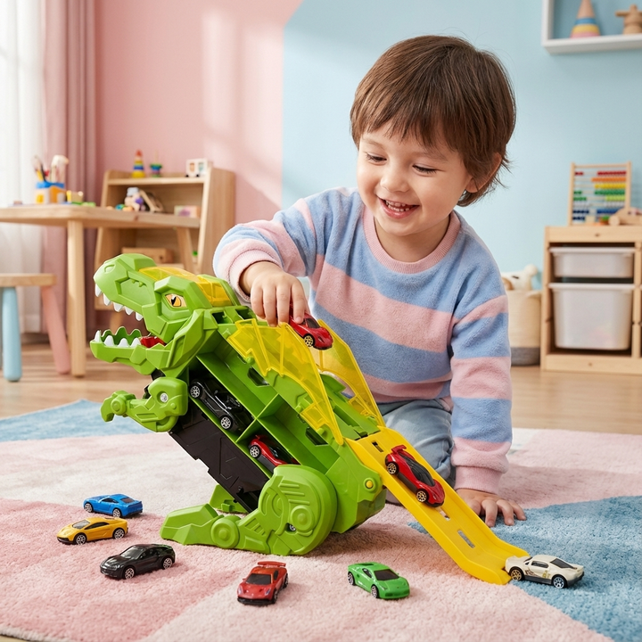 Actiongeladener Dinosaurier Auto Spiel Truck für Kinder, ideal für Abenteuer & Jungen, mit LED-Lichtern.