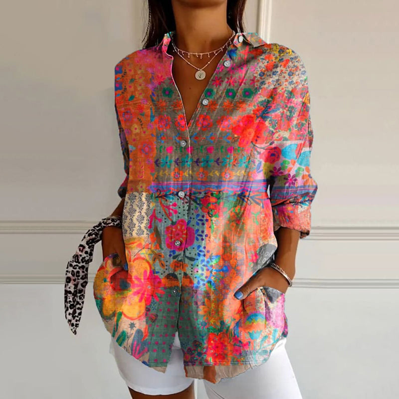 Leichte Damen Boho Tunika Bluse mit V-Ausschnitt, gemustert und farbenfroh, ideal für Sommer und Urlaub.