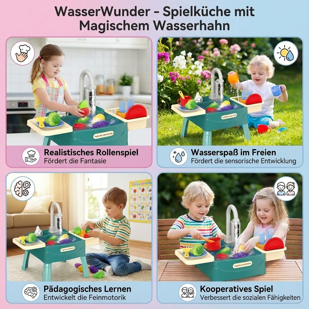 Perfektes Kindergeschenk: Spielzeugküche mit funktionierendem Wasserhahn, ermöglicht stundenlanges Rollenspiel.