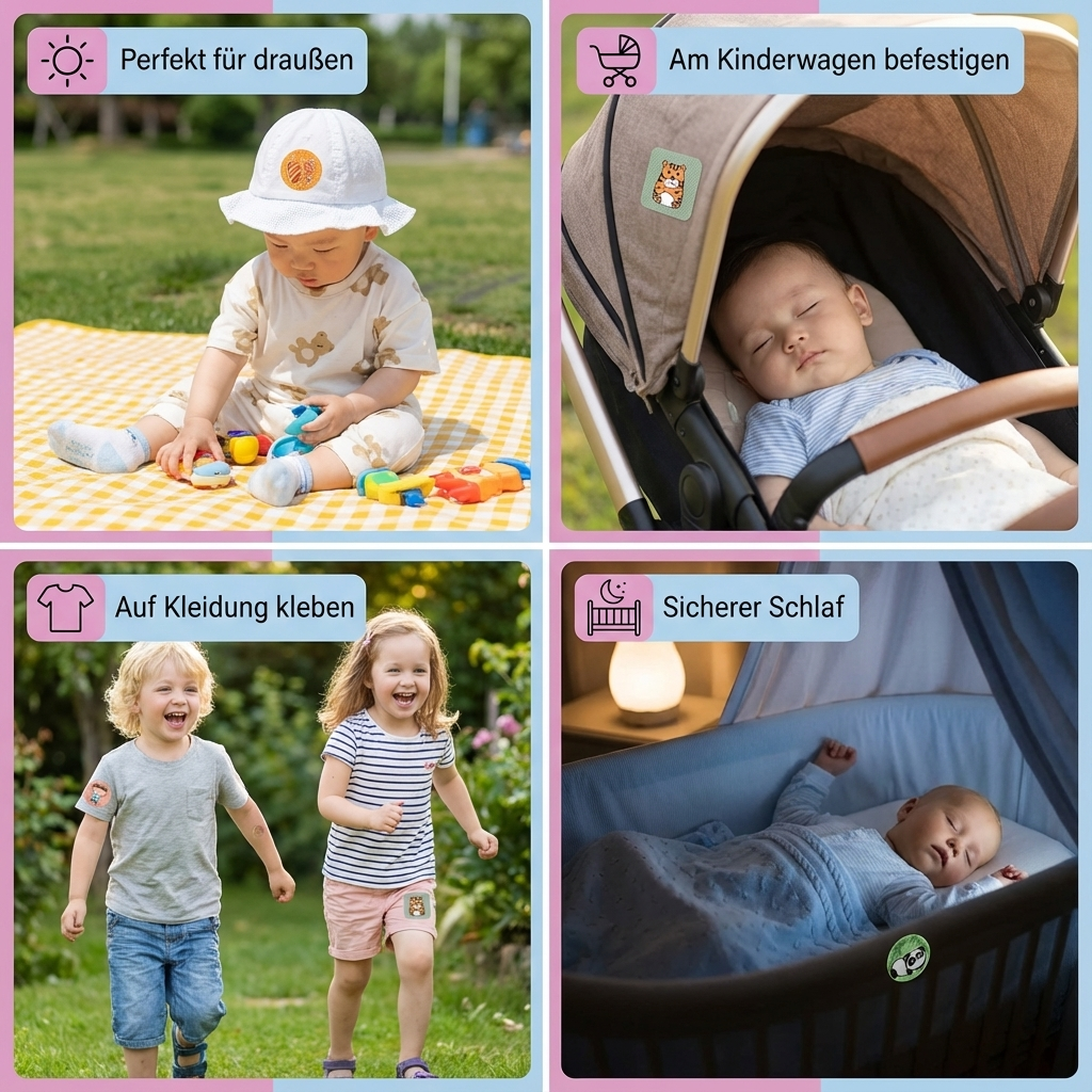 Kinder spielen draußen mit Mückenschutz-Aufklebern. Effektiver, natürlicher Insektenschutz für Babys & Kleinkinder.