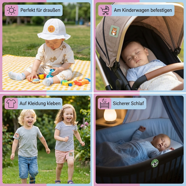 Kinder spielen draußen mit Mückenschutz-Aufklebern. Effektiver, natürlicher Insektenschutz für Babys & Kleinkinder.