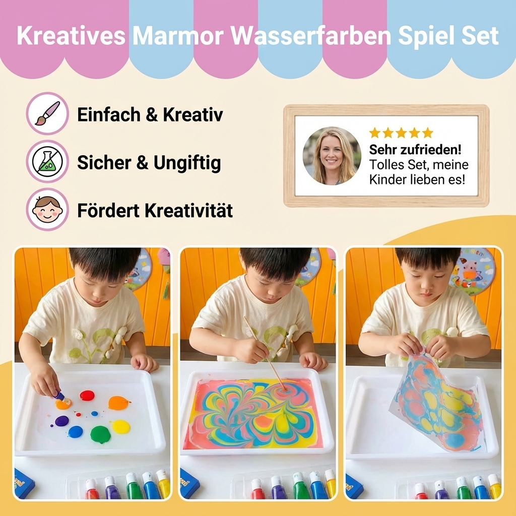 Umfangreiches Marmor-Malset mit leuchtenden Wasserfarben und Zubehör für fantasievolle Kunstprojekte.