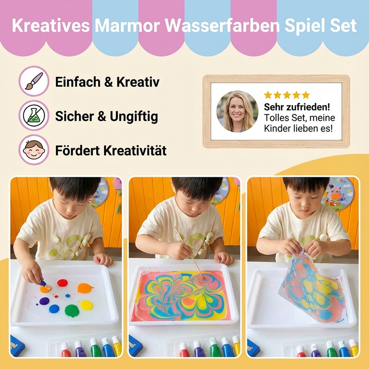 Umfangreiches Marmor-Malset mit leuchtenden Wasserfarben und Zubehör für fantasievolle Kunstprojekte.