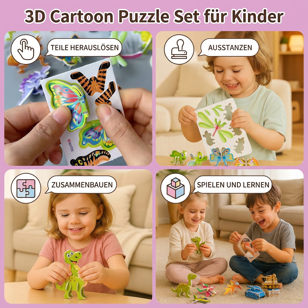 3D Tier-Puzzle für Kinder, lustiges Cartoon-Design, ideal zur Förderung der Feinmotorik.