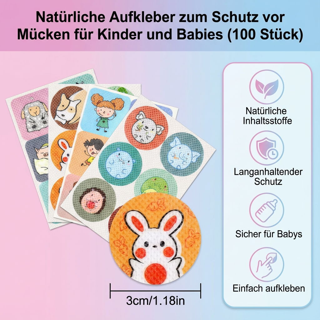Bunte, süße Mückenschutz-Aufkleber für Kinderkleidung. Natürlicher, pflanzlicher Schutz vor Mücken für Babys.