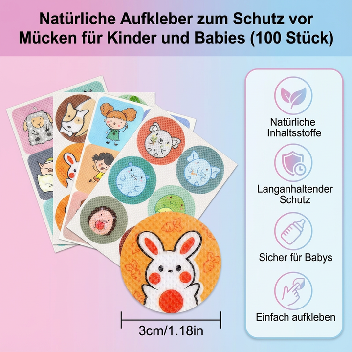 Bunte, süße Mückenschutz-Aufkleber für Kinderkleidung. Natürlicher, pflanzlicher Schutz vor Mücken für Babys.