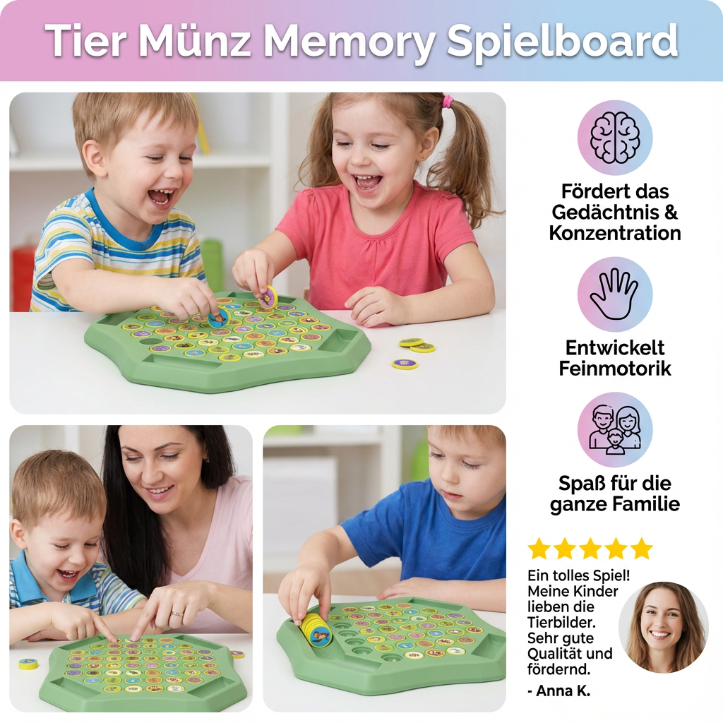 Kindgerechtes Gedächtnisspiel: Lustiges Memory mit niedlichen Tiermünzen. Ideal für Kleinkinder und Vorschulkinder.